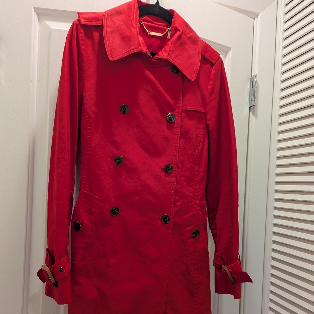 Trina Turk Red Trench Coat Jacket 6 Small Cotton